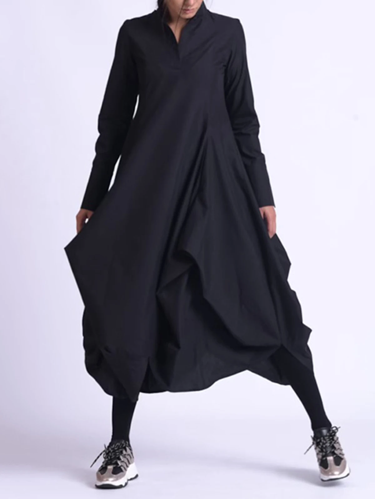 Plus Size Women's Dress Solid Color Fashion Stand Collar A-Line Mid-Length Skirt Casual Long Sleeves Retro Street Dress 2024