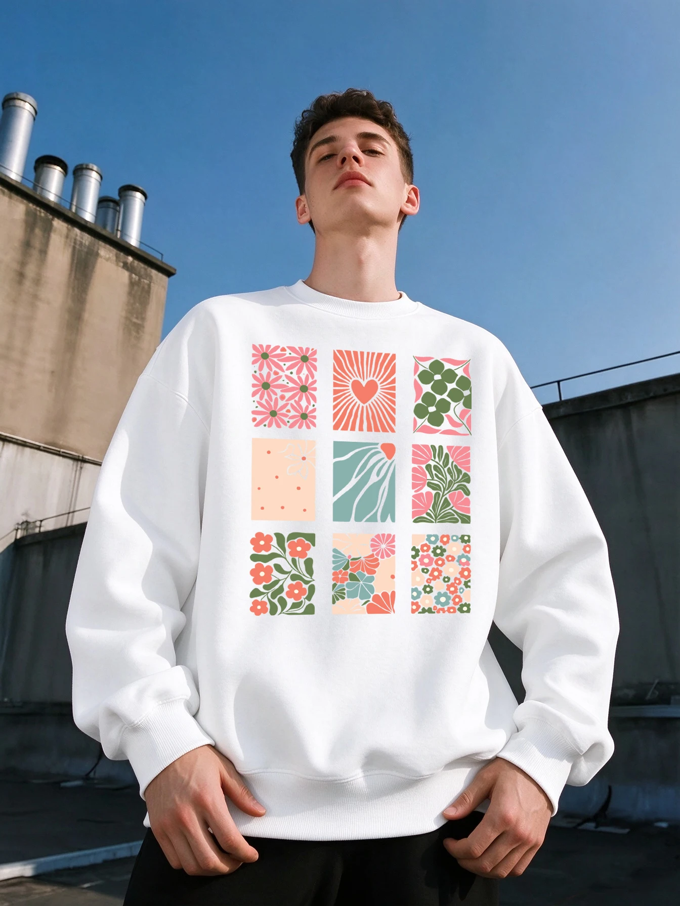 Floral Heart Abstract Botanical Prints Men Sweatshirt Casual Autumn Pullovers Vintage Loose Clothes Fleece All-Match Streetwear