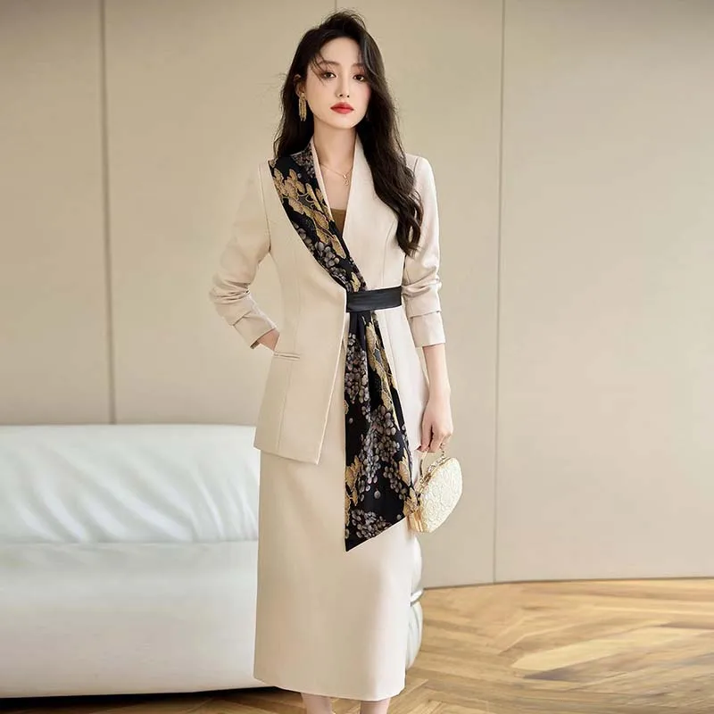 ZJYT Elegant Office Lady Long Sleeve Blazer Suit Skirt Sets for Women 2 Pieces Work Wear Plus Size Formal Business Outfit Autumn