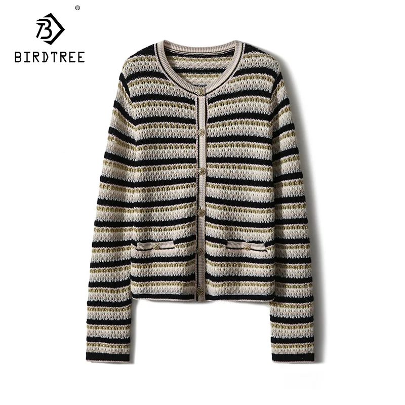 

Birdtree-Elegant Cardigans For Women, Wool Cashmere, Stripe, Commute Fashion Jacket, OL Sweaters, Fall Winter Knit Coat C40415QM