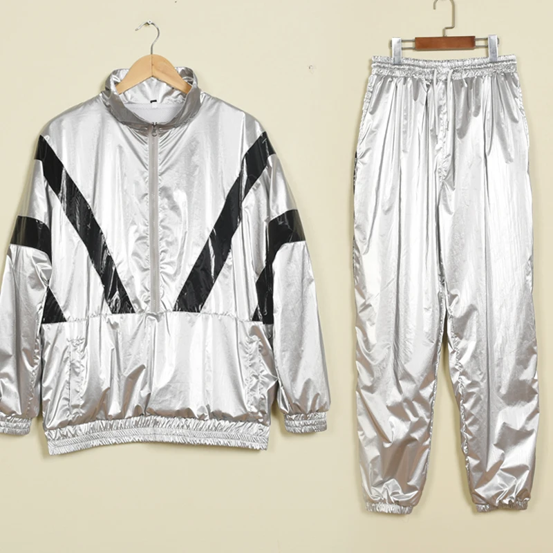 Glossy Silver Black Sports Suit Women Men Two-piece Set Shiny Plus Size Dance Stage Hip Hop Streetwear Long Sleeve Jacket Pants