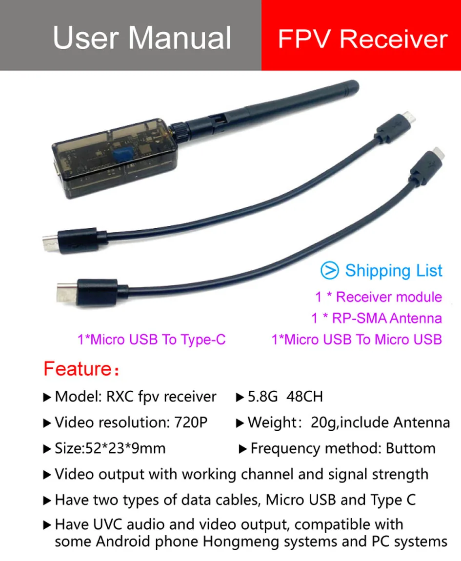 5,8G 56CH 48CH UVC Video-Downlink OTG VR Mobiltelefon-Empfänger + 5,8G 48CH FPV-Empfänger OLED-Display 5-36V SMA für RC-Drohnen – Detail 11