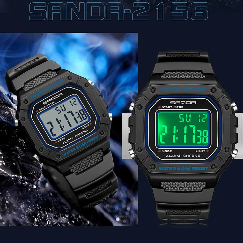 

SANDA 2156 Fashion Small Square Men EL Backlit Electronic Watch Night Light 50m Waterproof Automatic Calendar Week Display Watch