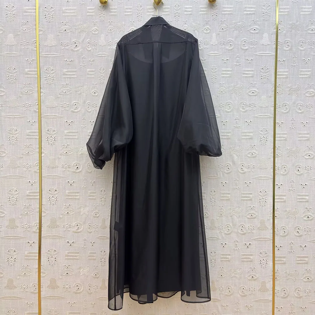 New Spring Fashion Sheer Transparent Two-piece Dress Set Women Lapel Lantern Sleeve Gold Button Chic Black Long Party Dresses