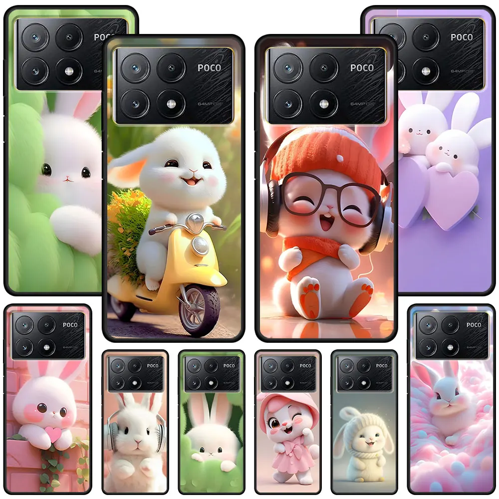 A Cute Rabbit With A Purple Hat Case for Xiaomi Poco X6 X3 NFC M5s X5 F3 M4 M3 Pro Black Silicone Soft Phone Cover Coque