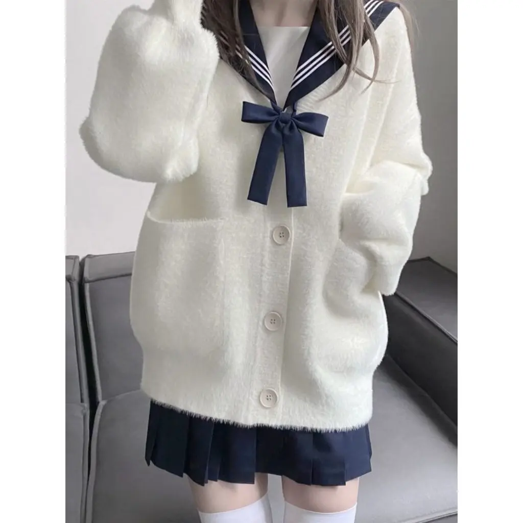 

Women's Japanese JK Furry Knitted Cardigan Sweater Long Sleeve Warm Autumn Winter Top Soft Waxy Wind Coat for Spring