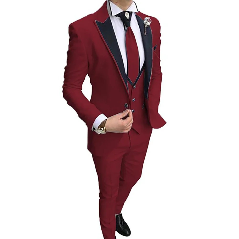 

Chinese Red Male Suits For Boyfriend Wedding Black Peaked Lapel One Button Casual Wedding Party 3 Pieces Jacket Trousers Vest