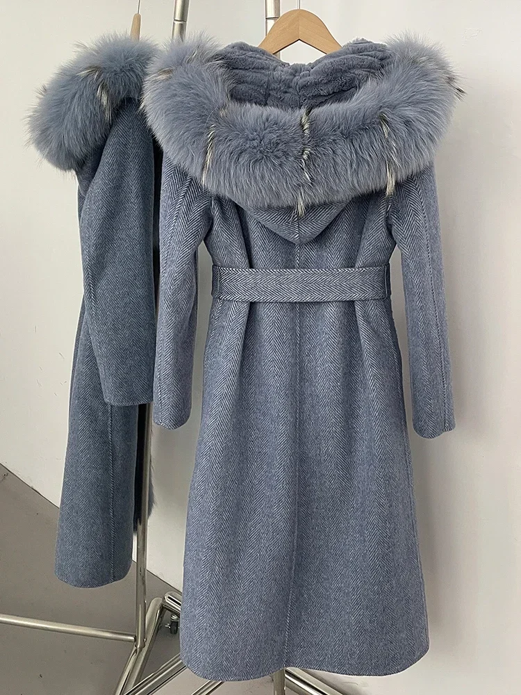 2025.novo outono inverno roupas femininas quente longo com capuz pele de lã jaqueta grossa forro de pele de coelho casaco de lã feminino