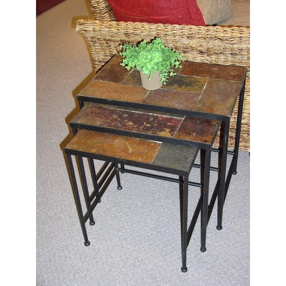 Tri-Level Slate-Top Nesting Tables: Durable Stone Accent Furniture for Home