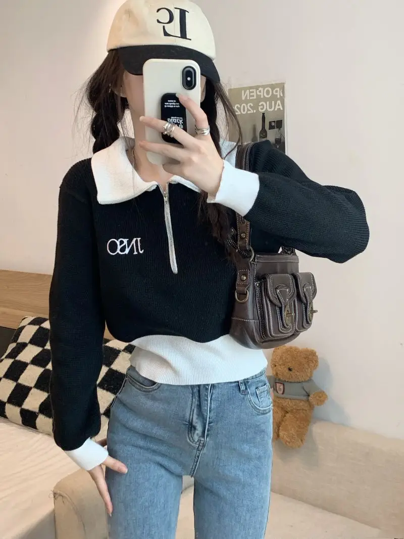 Short Style Woman Sweater Zipper Autumn Winter Fashion Long Sleeve Women'S Loose Korean Style Lapel 2023 New