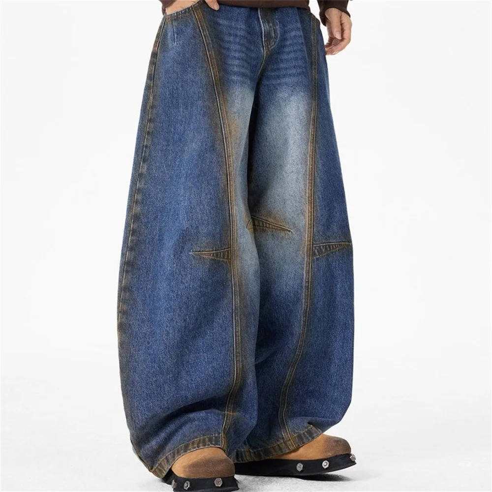 MWJLPWQ Deconstructed Patchwork Design Curved Hem Jeans For Men Trendy Style Distressed Letter Print Loose Autumn Trousers 20218