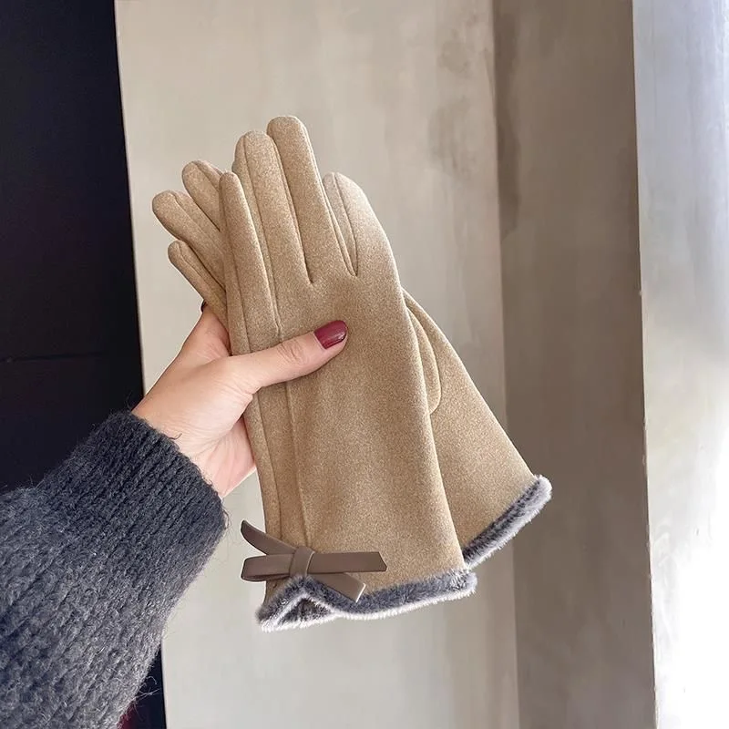 Winter Women's Velvet Gloves Touch Screen Fashion Bow Plush Bag Mouth Edge Wrapped Gloves Женские Перчатки