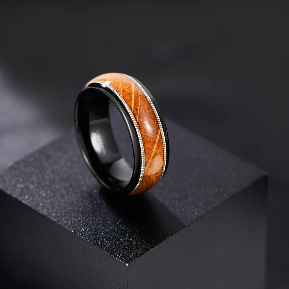 Somen 8mm Black Tungsten Wedding Ring For Men Whisky Barrel Wood & Guitar String Inlay Engagement Rings Jewelry Gift Bague Homme