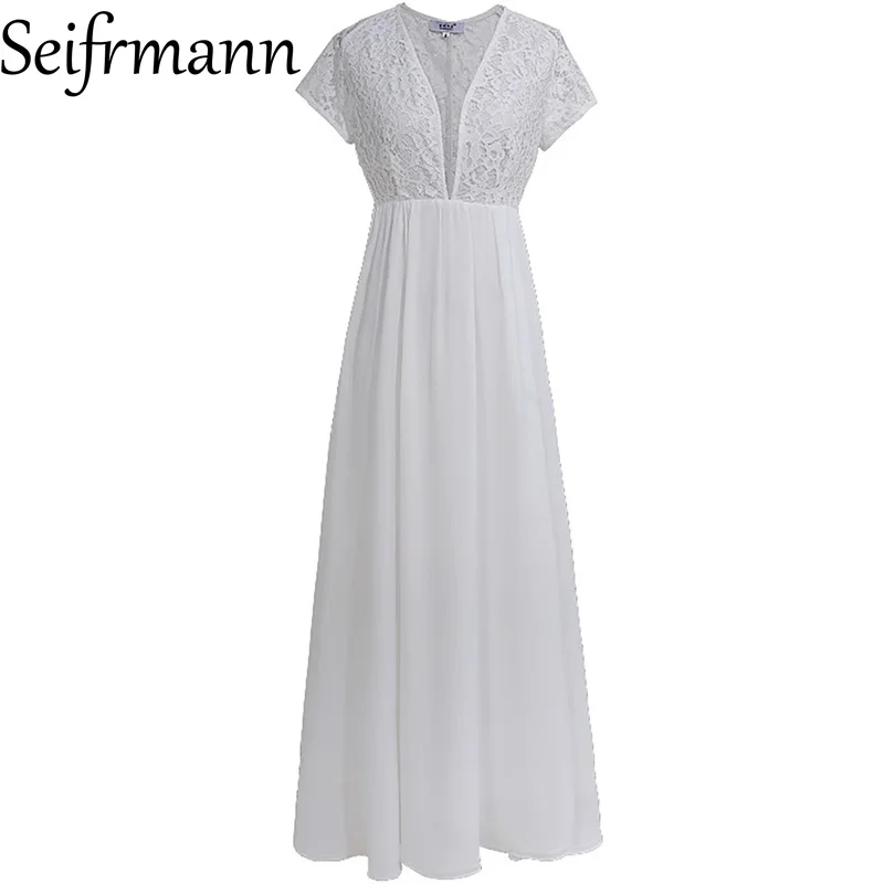 Seifrmann Solid Short Sleeve Slim Women Long Dress Sexy V-Neck High waist Lace Hollow Out Elegant Chic Summer Party Prom Dresses