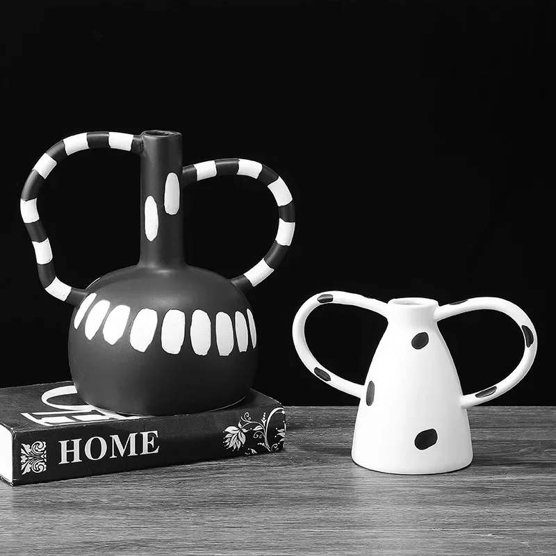 

Modern Polka Dot Ceramic Vase, Black and White Double Handle Design, High-Fired Smooth Finish, Bold Decorative Choice