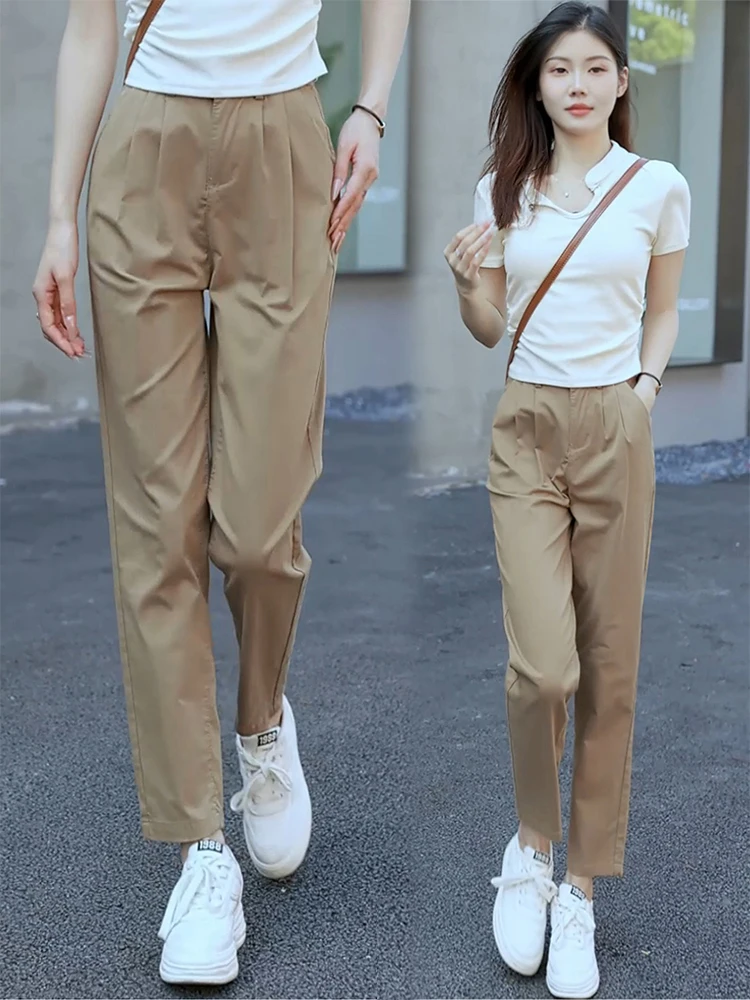 High Waist Straight Leg Harem Pants Women's Summer Thin Casual Loose Fit Slimming Capri Pants Cotton Blend Comfortable view 4
