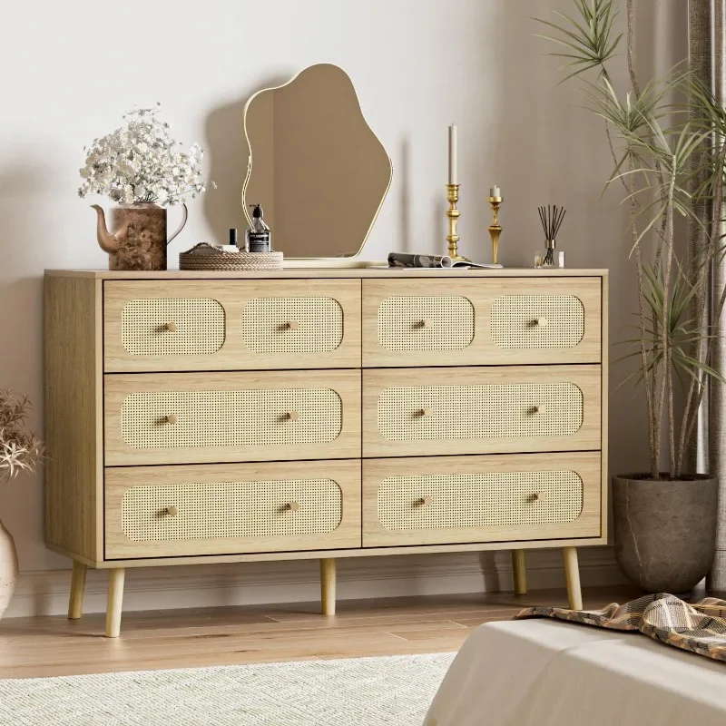 6 Drawer Double Dresser for Bedroom, Rattan Dresser with Gold Handles, Boho Chest of Drawers with Deep Drawers for Living