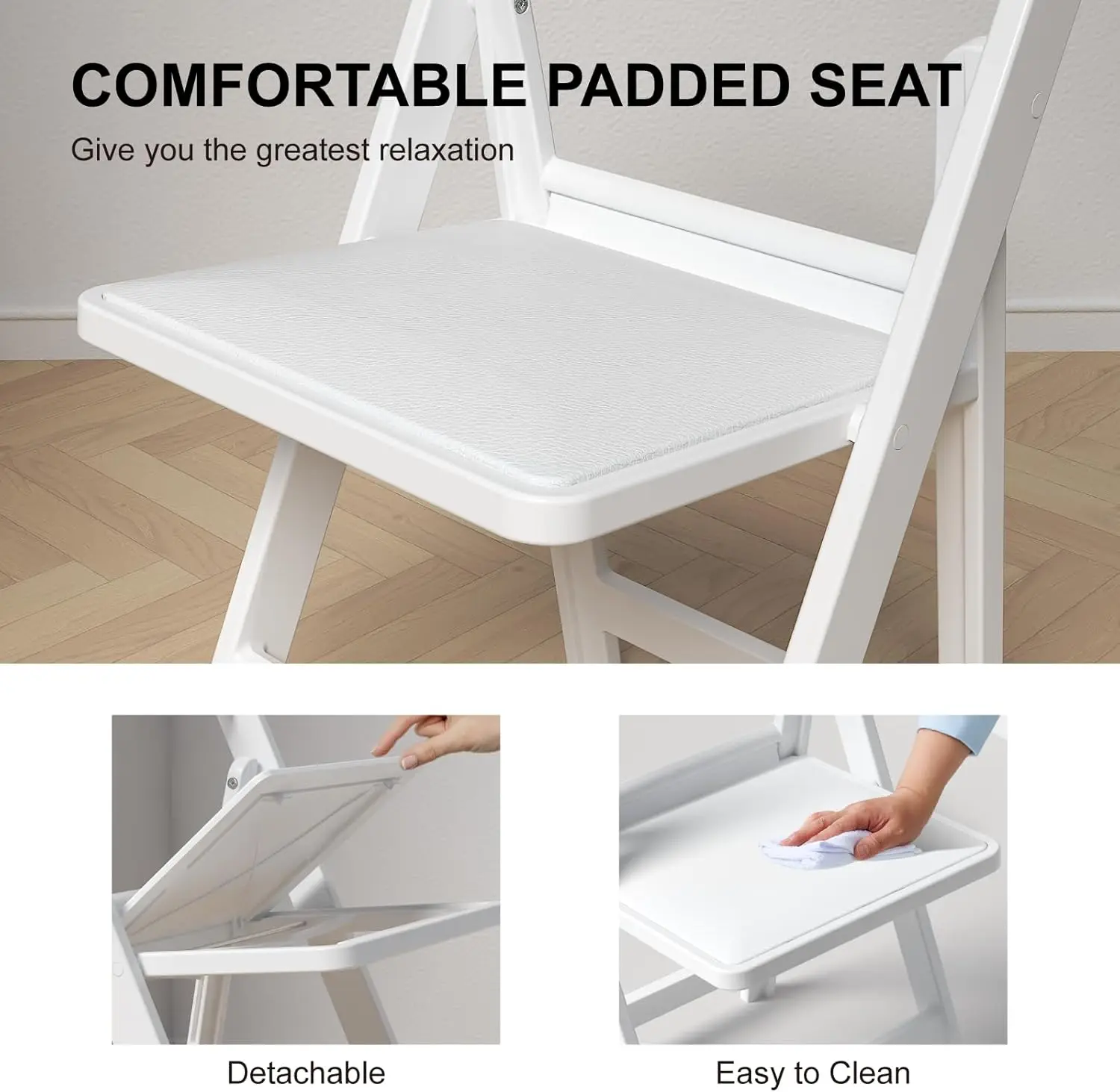 8 كراسي قابلة للطي، كراسي راتنج بيضاء مع مقعد مبطن، كراسي مريحة قابلة للطي لحفلات الزفاف