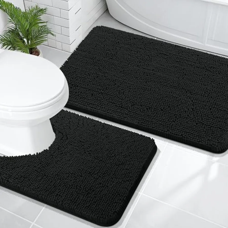 

Bathroom Rugs Sets 2 Piece Soft Absorbent Chenille Bath Mats and U-Shaped Contour Toilet Mat Area Rug Set Machine Washable Bath