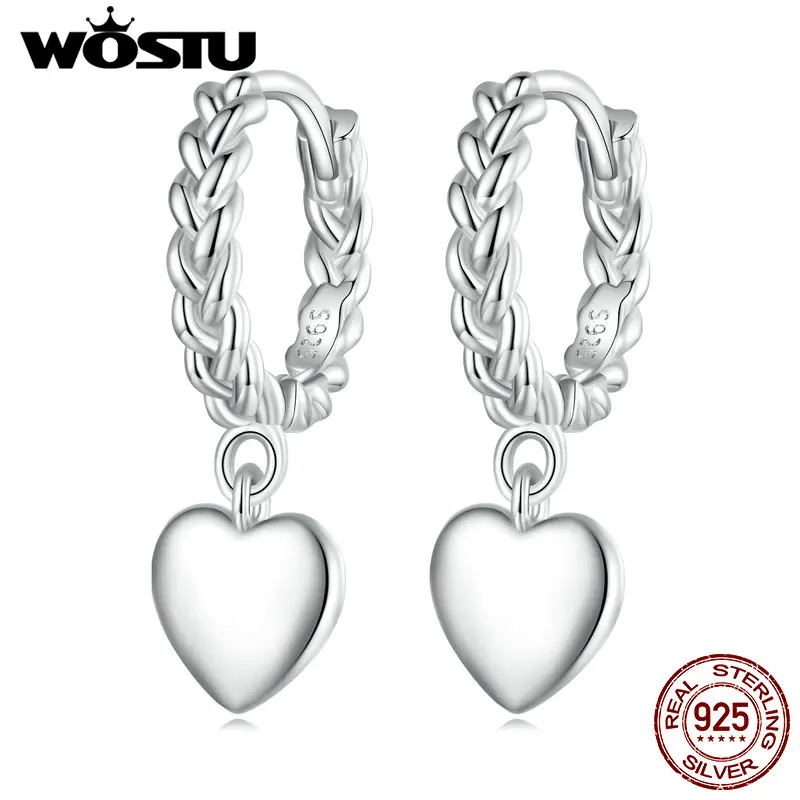 WOSTU Real 925 Sterling Silver Love Heart Drop Dangle Earrings For Women Mesh Ear Clips Hoops Wedding Jewelry Birthday Gift