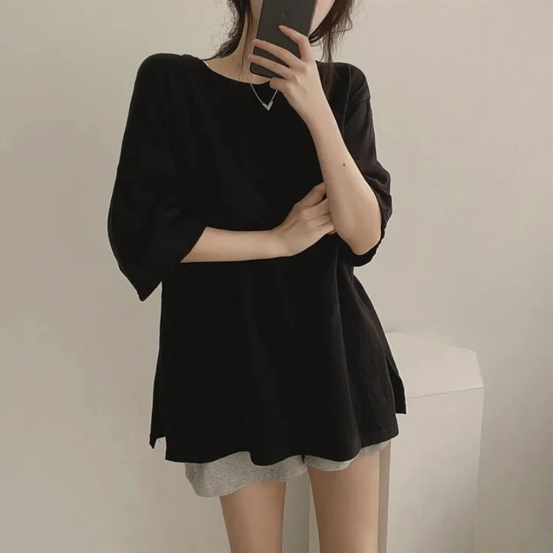 

T-shirt for Women in Summer 2025 Slit Black Top Ins Pure Cotton Cotton Mother Simple Loose Long Short Sleeve High Elastic