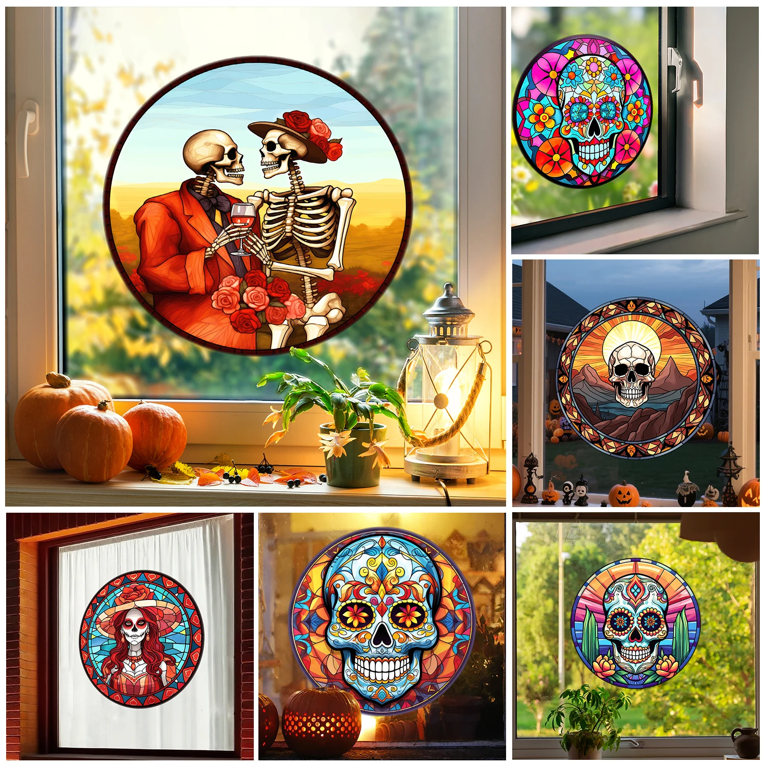 30/40cm Colorful Skull Halloween Decor Suncatch Rainbow Window Privacy Film Sticker Glass Static Cling No Glue Protection Film