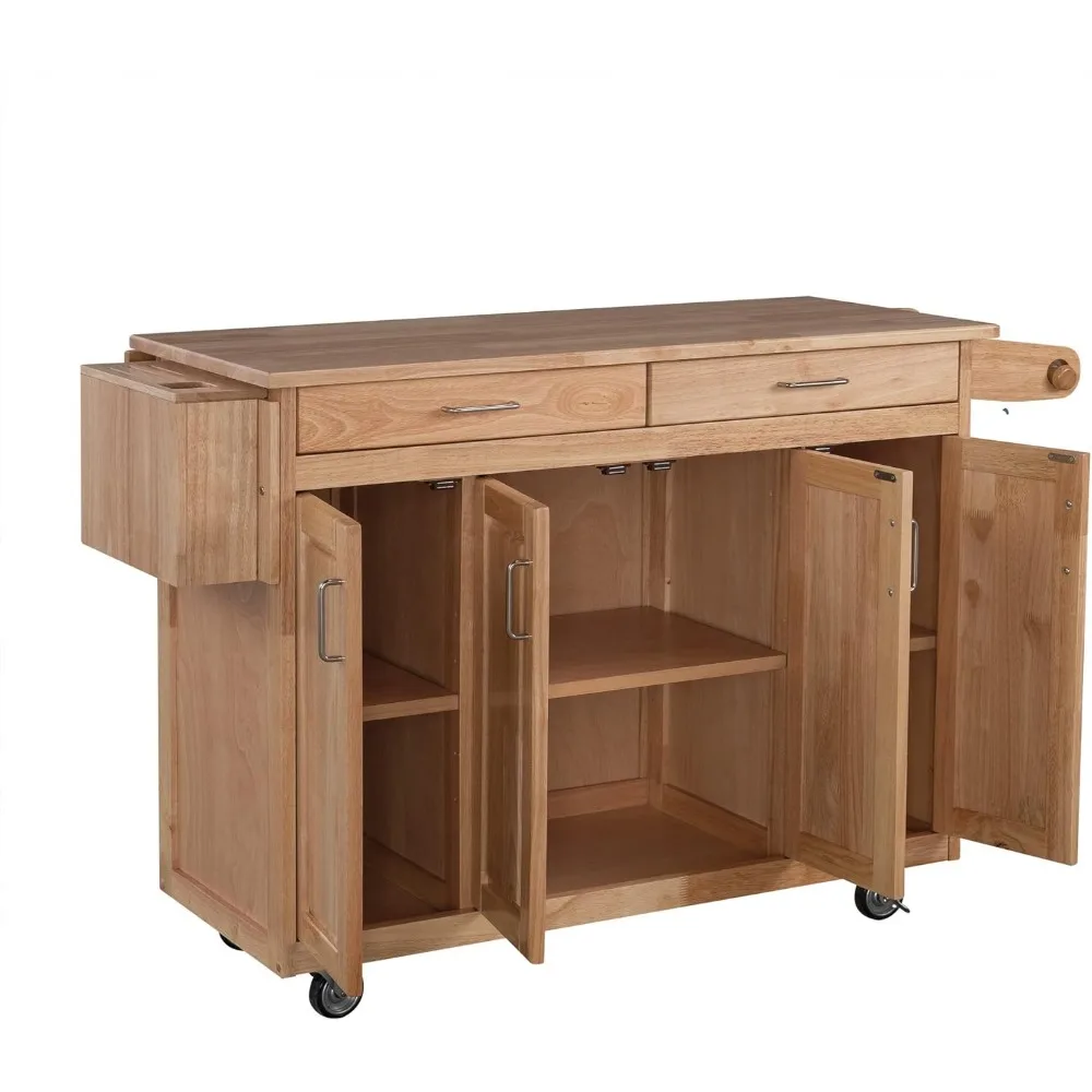 General Line Kitchen Mobile Cart with Drop Leaf Breakfast Bar, 54 Inches Wide, Natural Hardwood