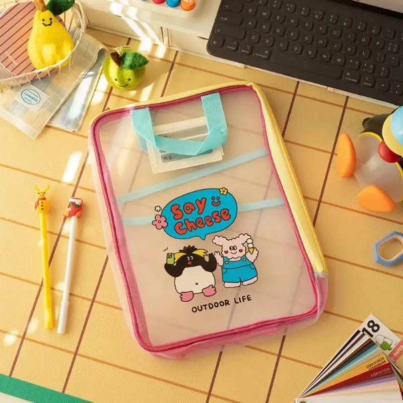 Cute Colorful A4 Document Bag Clear Big Capacity Zipper File Bag for Student Exam School Stationery Storage