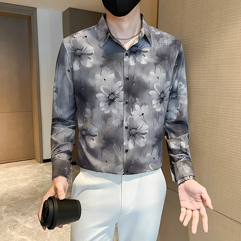 British Style Floral Print Long Sleeved Shirt for Men's Autumn Casual Social Shirt Slim Fit Slim Fit Streetwear Camisa Masculina