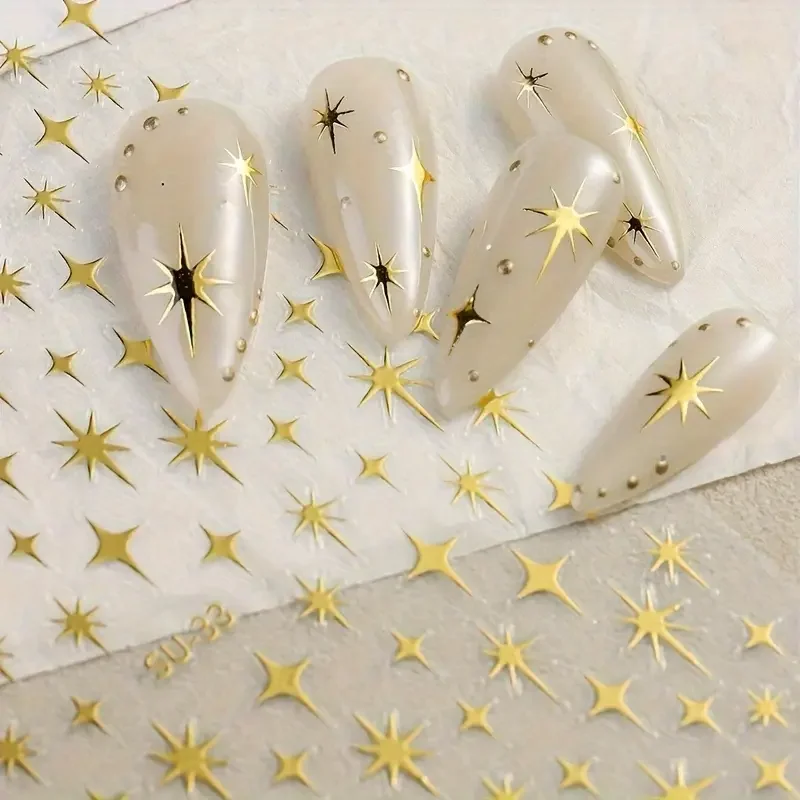 2 piezas, calcomanías de arte de uñas Y2K de ráfaga de estrellas, decoraciones brillantes doradas y plateadas para manicura francesa, para uñas de bricolaje 3