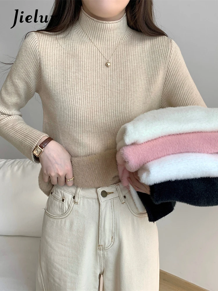 

Jielur Autumn New Solid Color Casual Women Pullovers Fashion Simple Basic Pullovers Woman Black White Apricot Slim Korean Top