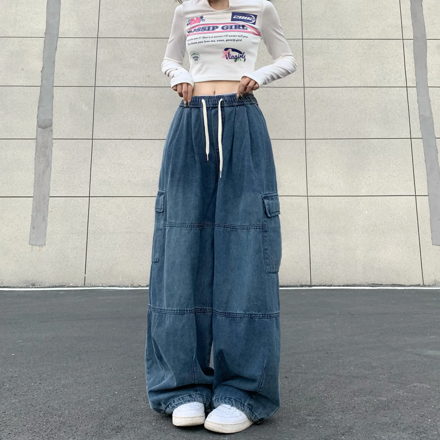 

High Waist And Cargo Jeans Women Pants Autumn Winter Washable And Versatile Straight Trousers Loose Wide Leg Pants