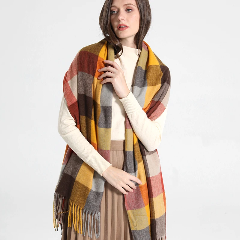 2023 New Women Simulated Cashmere Checker Scarf Warm in Winter Long Thick Cashmere Touch Tassel Fashion Color Checker Scarf