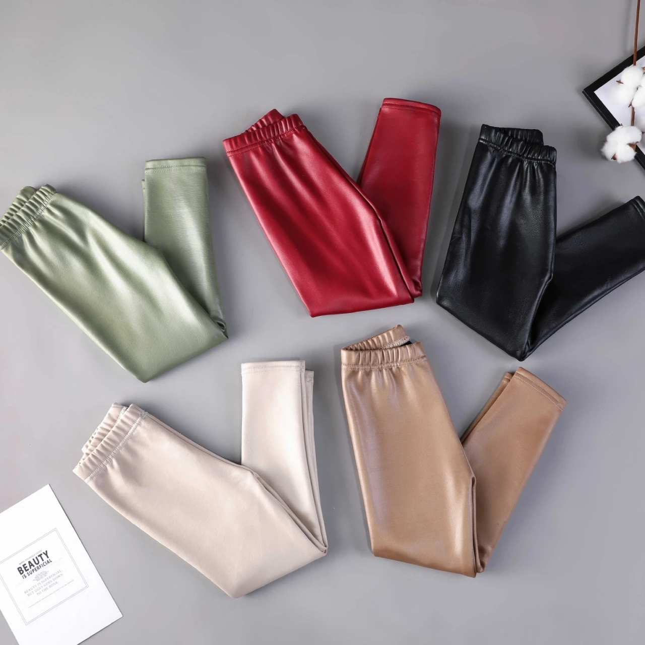 Faux Leather Thicked Warm Children\'s Pants Candy Color Slim Kids  Ｇirls Leggings for Autumn Winter