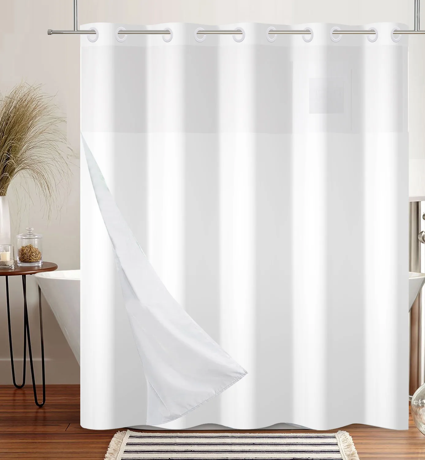 No Hook White Shower Curtain Hotel Grade Fabric with Snap in Liner for Bathroom with See Through Top Window Washable Curtain