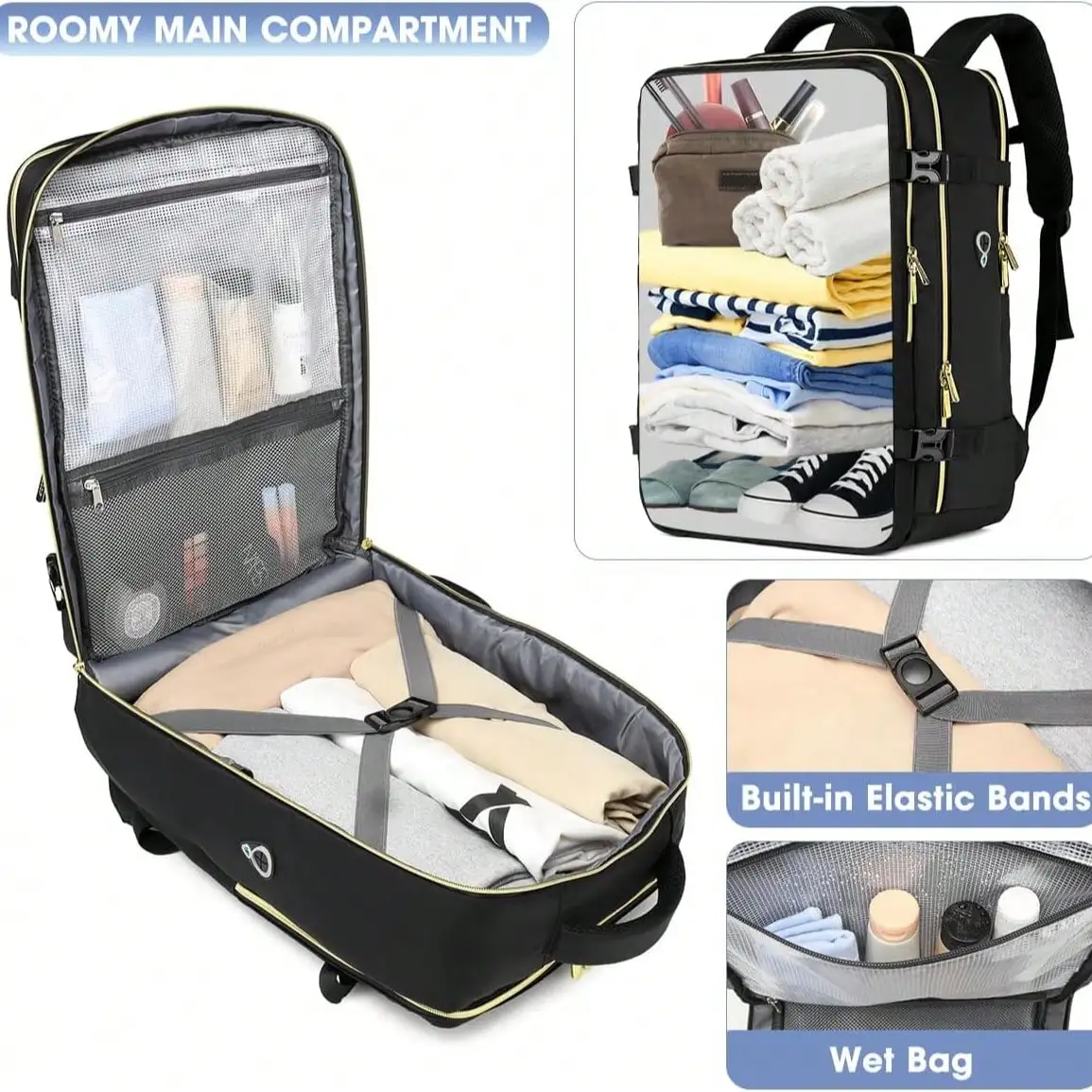 Large Carry On Travel Backpack - Flight Approved Waterproof Anti-Theft Luggage Daypack For Women Men Fit 17 Inch Laptop Business Weekender Overnight Backpack College Bag Personal Item Size Black view 5
