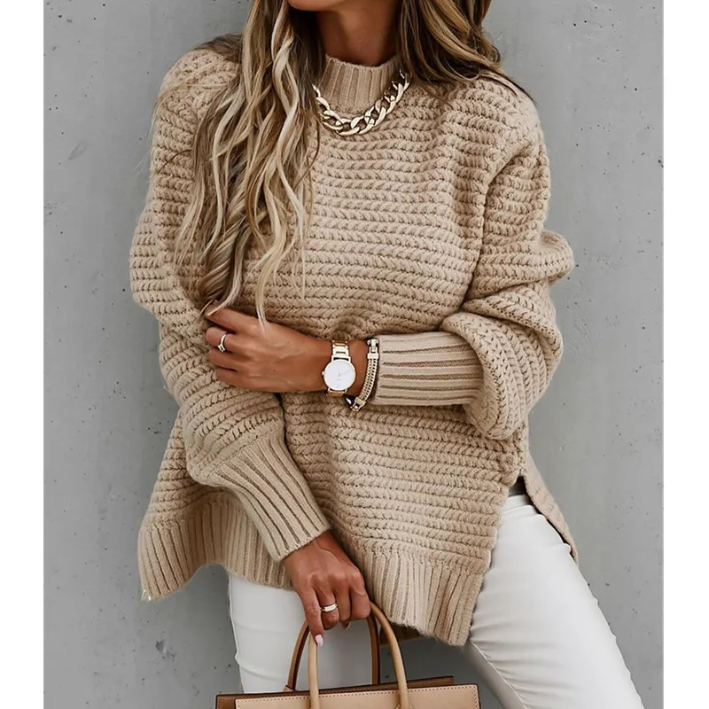 

Casual Side Split Sweater Solid Color O-neck Women Jumper Autumn Winter Female Long Sleeve Knitted Pullovers Top