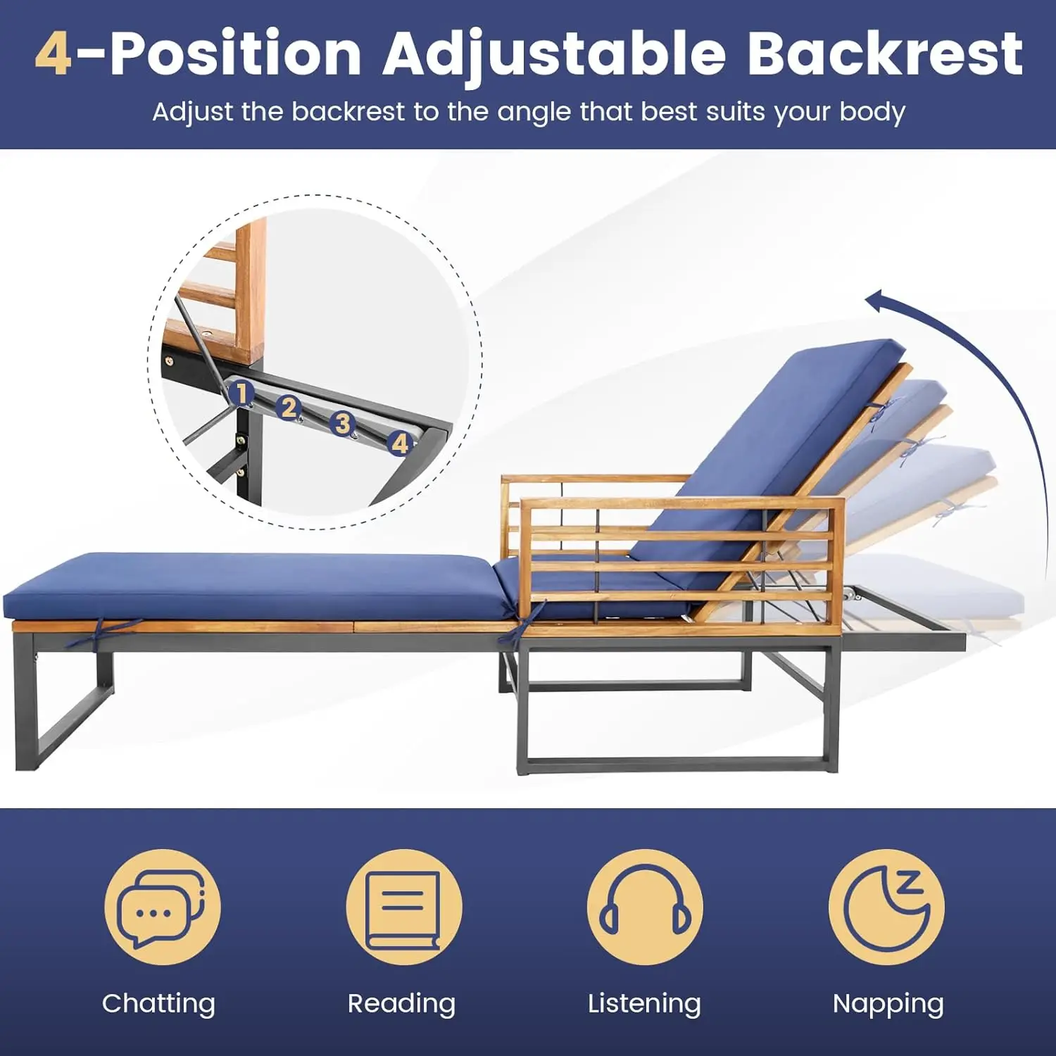 Acacia Wood Chaise Lounge Patio Recliner with 4-Position Adjustable Backrest & Padded Cushion, Outdoor Wooden Sun, Customized view 5