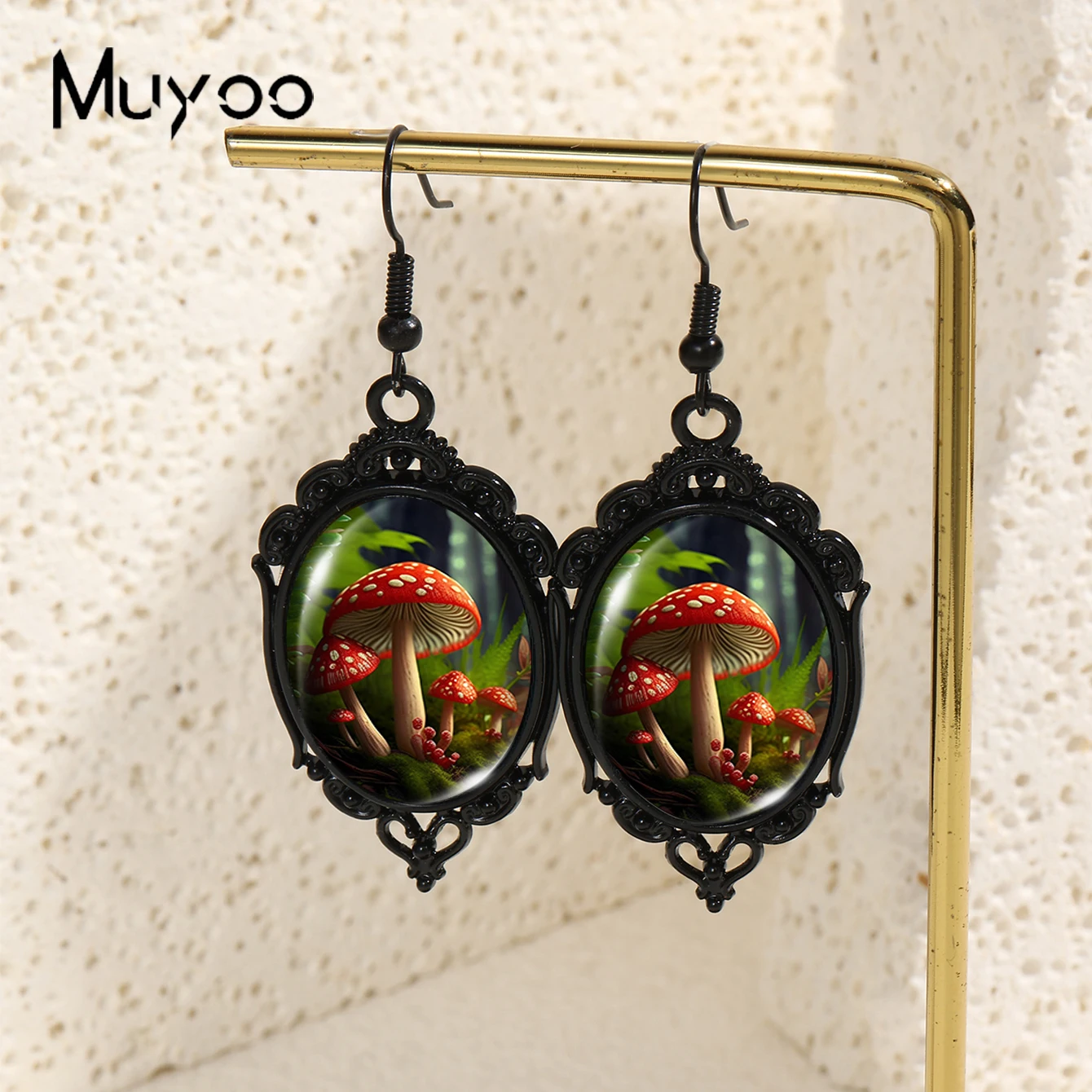 2024 New Arrival Fashion Red Mysterious Mushroom Glass Cabochon Fish Hook Earrings Handmade Black Pumpkin Dangles