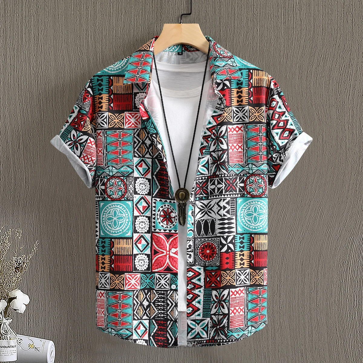 

Summer Clothes Men's Egyptian Style Shirt Tops Standard Fit Short Sleeve Printed Floral Cleanfit Collar PU Leather for Middle...
