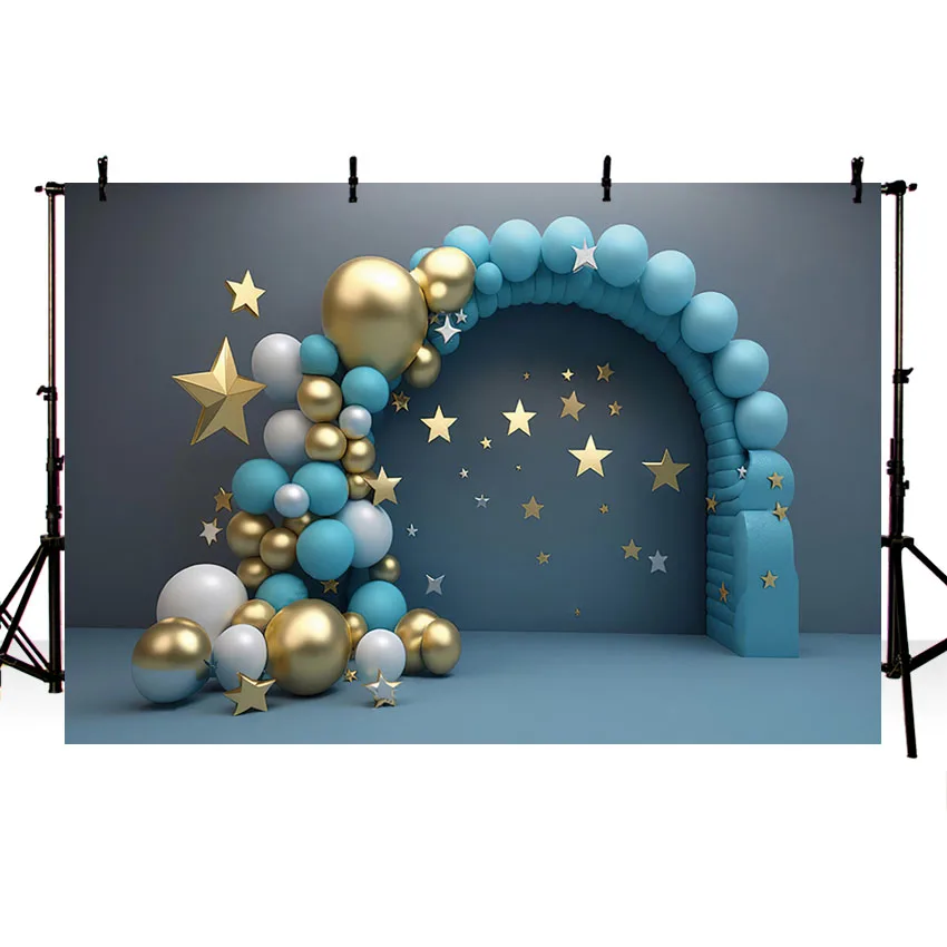 Mehofond Photography Background Blue Arch Balloon Gold Stars Boy Birthday Party Cake Smash Portrait Decor Backdrop Photo Studio