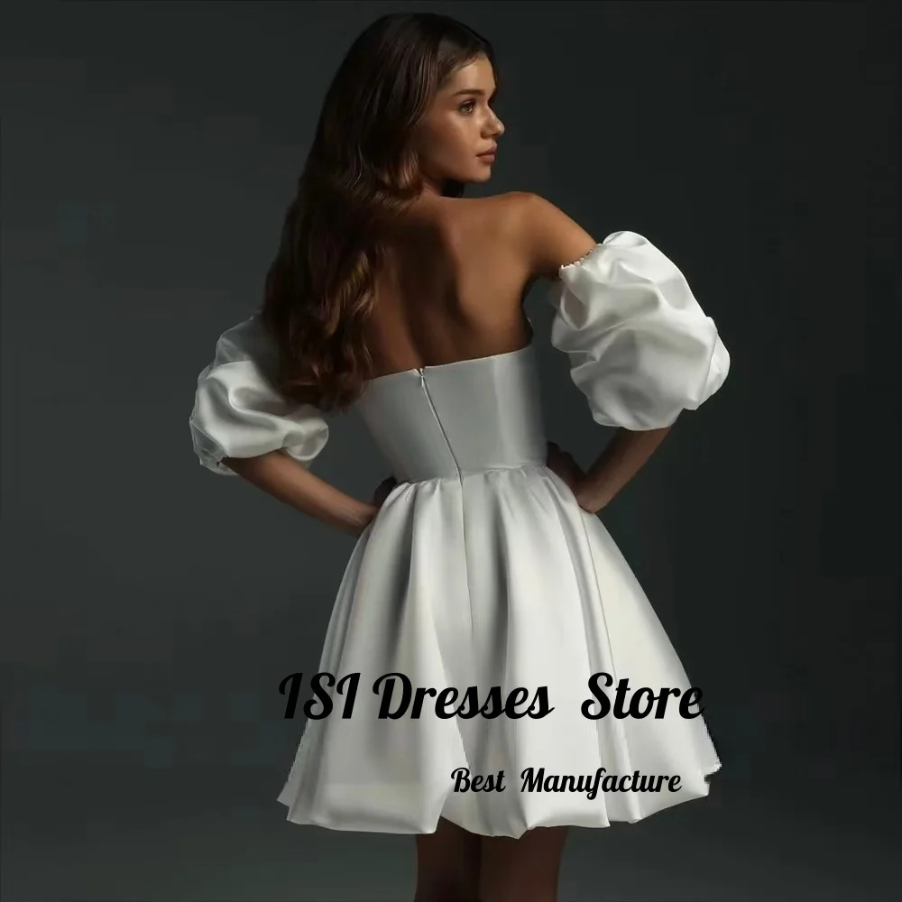 ISI Modest Satin Ruffle A Line Mini Wedding Dress Strapless With Removeable Sleeves Bridal Party Gown vestidos de novia Customiz