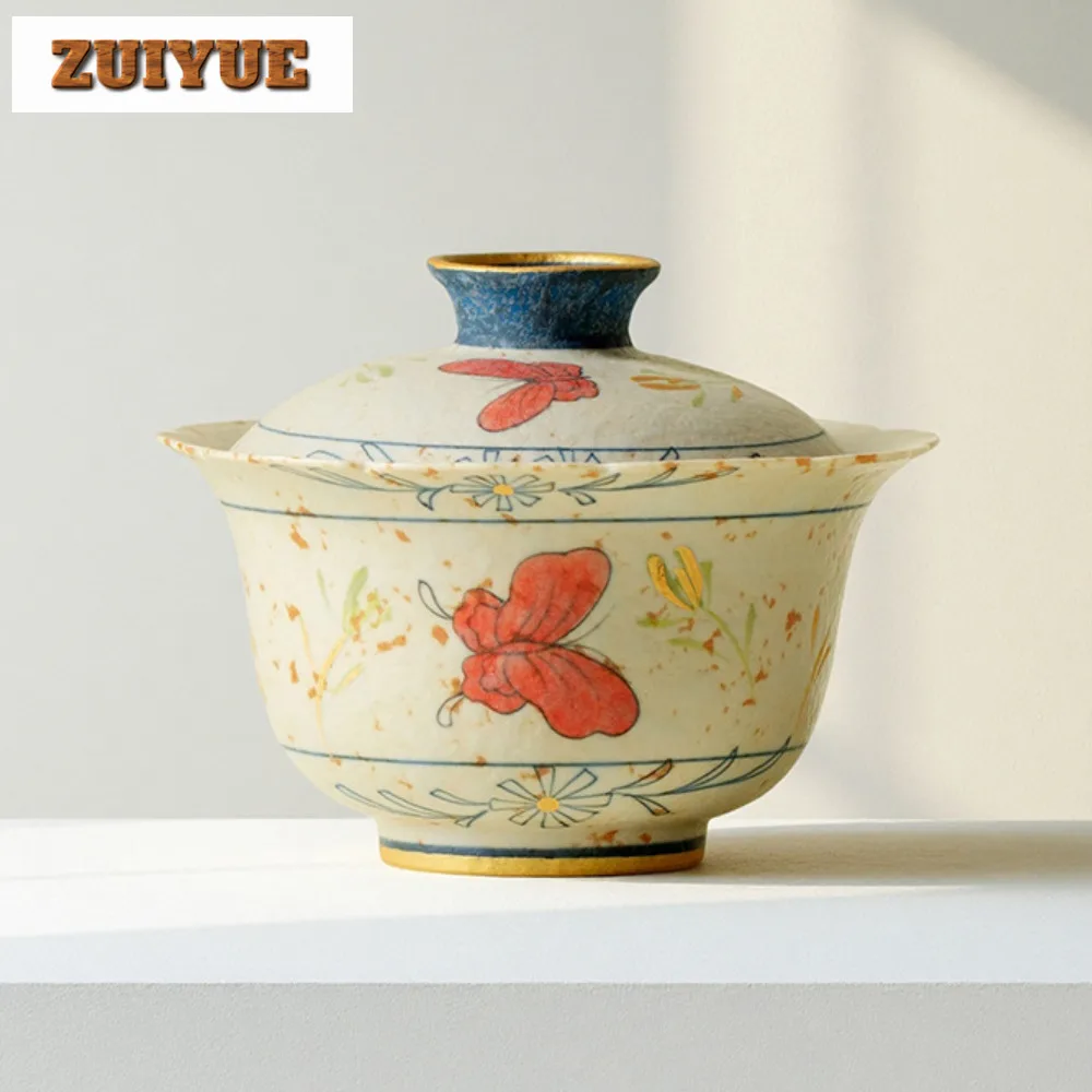 

130ml Caramel Glaze Hand-painted Butterfly Orchid Gaiwan Zen Tea Tureen Tea Bowl With Lid Kit Tea Maker Cover Bowl Teaware Craft