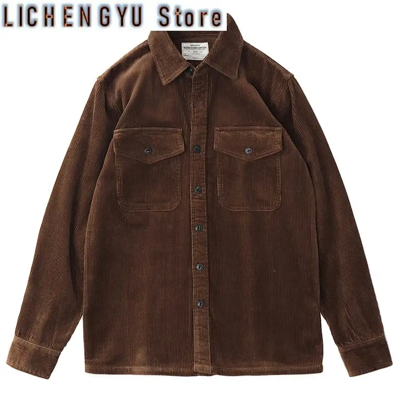 Autumn and Winter New American Retro Thick Corduroy Solid Color Cargo Shirt Men's Pure Cotton Long-sleeved Pocket Casual Blouses