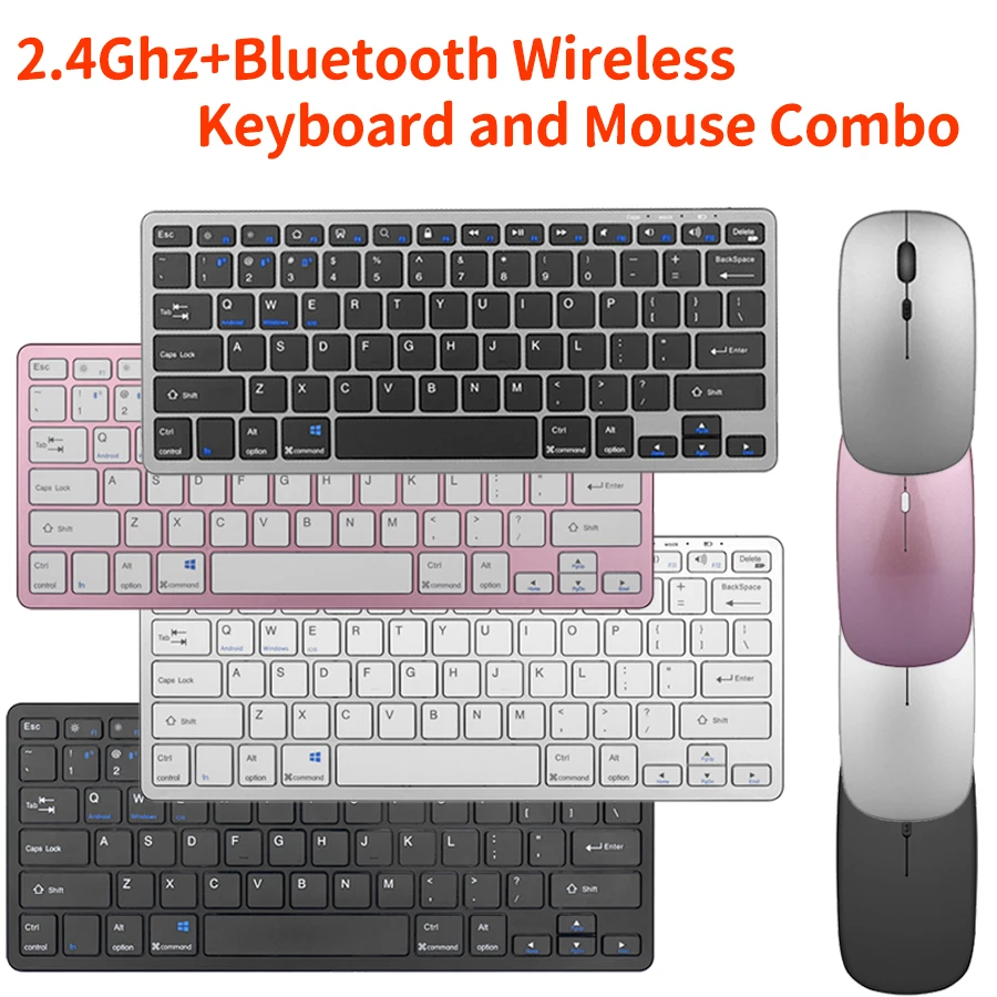 2.4G+Bluetooth Wireless Rechargeable Keyboard and Mouse Combo Silent Keys Portable Keypad Set For Windows/Mac/Android/iOS/Apple
