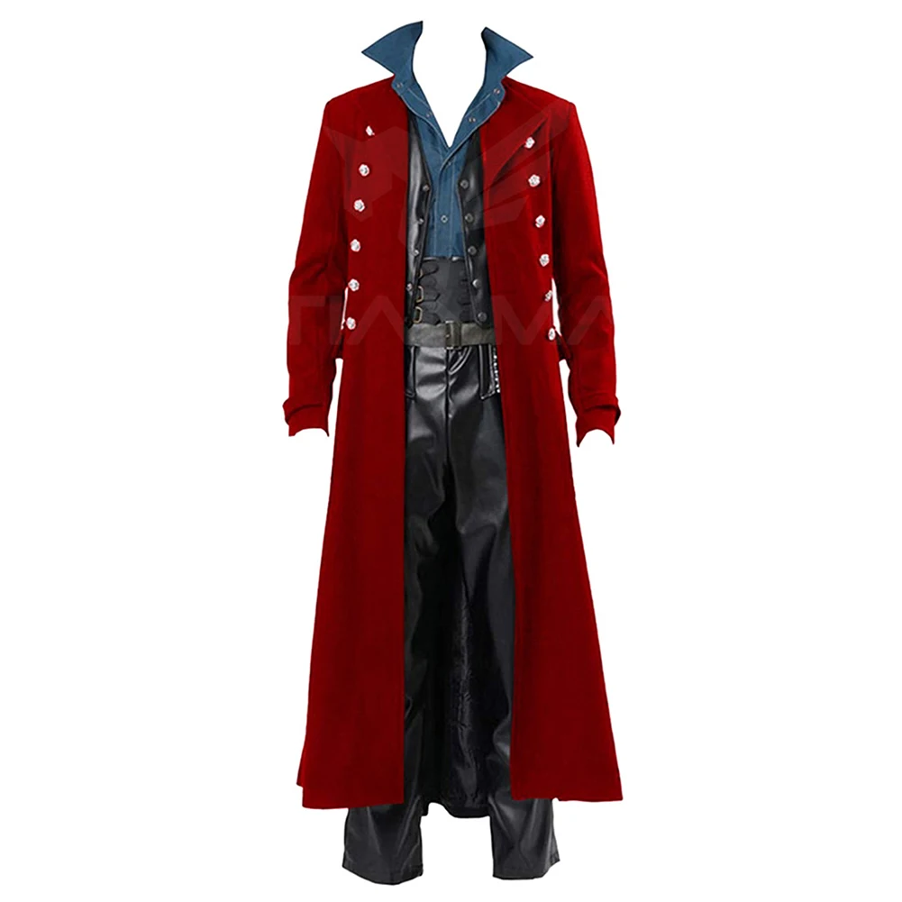 Adult Men Retro Steam Punk Cosplay Gothic Fantasy Red Coat Long Jacket Outfits Halloween Carnival Party Suit