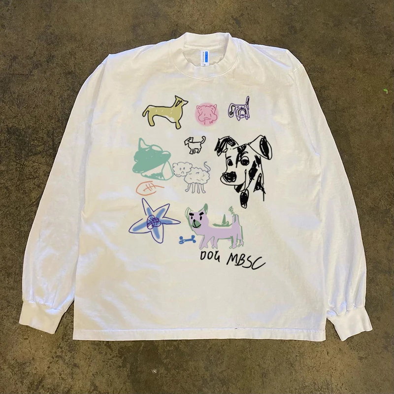 Heavyweight 300g Pure Cotton Long Sleeve T-Shirt American Retro Oversize Dog Zoo Theme Shirt by Xiao Chen Story Multi