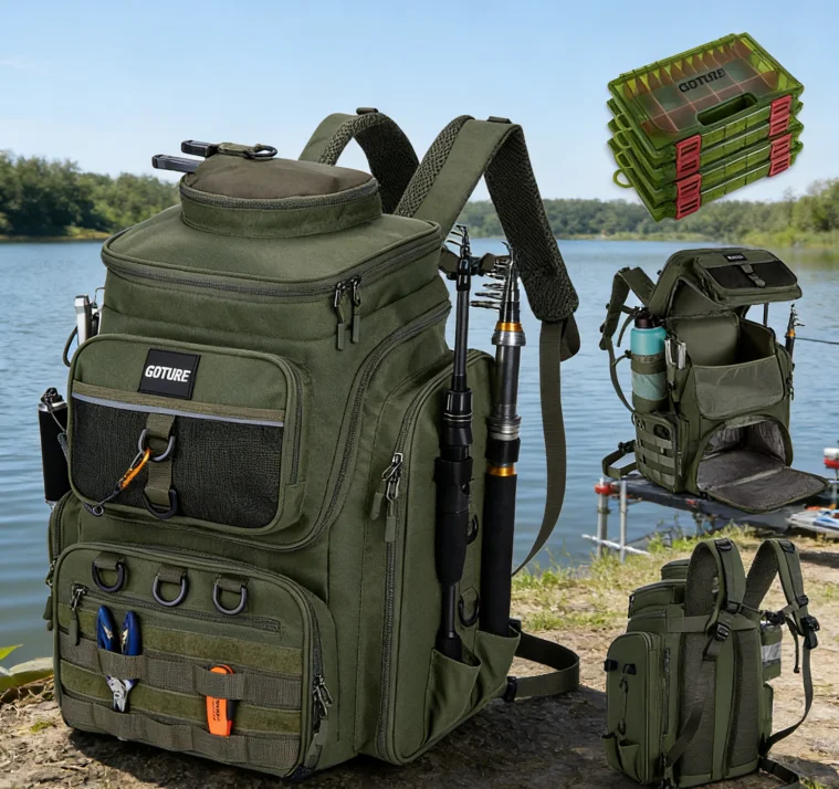 55L 900D Fishing Backpack Water-Repellent Fishing Accessory Backpack with Adjustable Compartment with Rain Cover