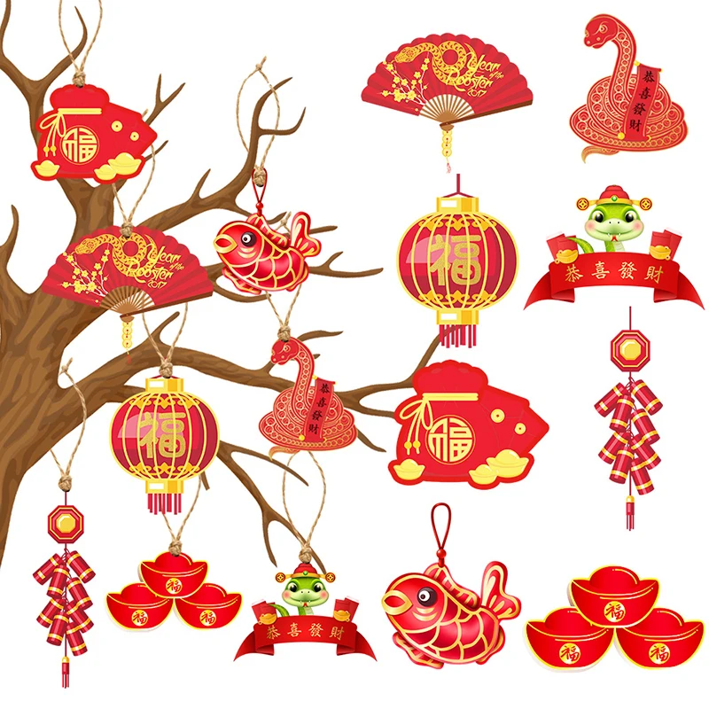 8/16PCS Happy 2025 New Year Hanging Tags, Spring Festival Year Of Snake Firecracker Yuanbao Lantern Pendant Hangings