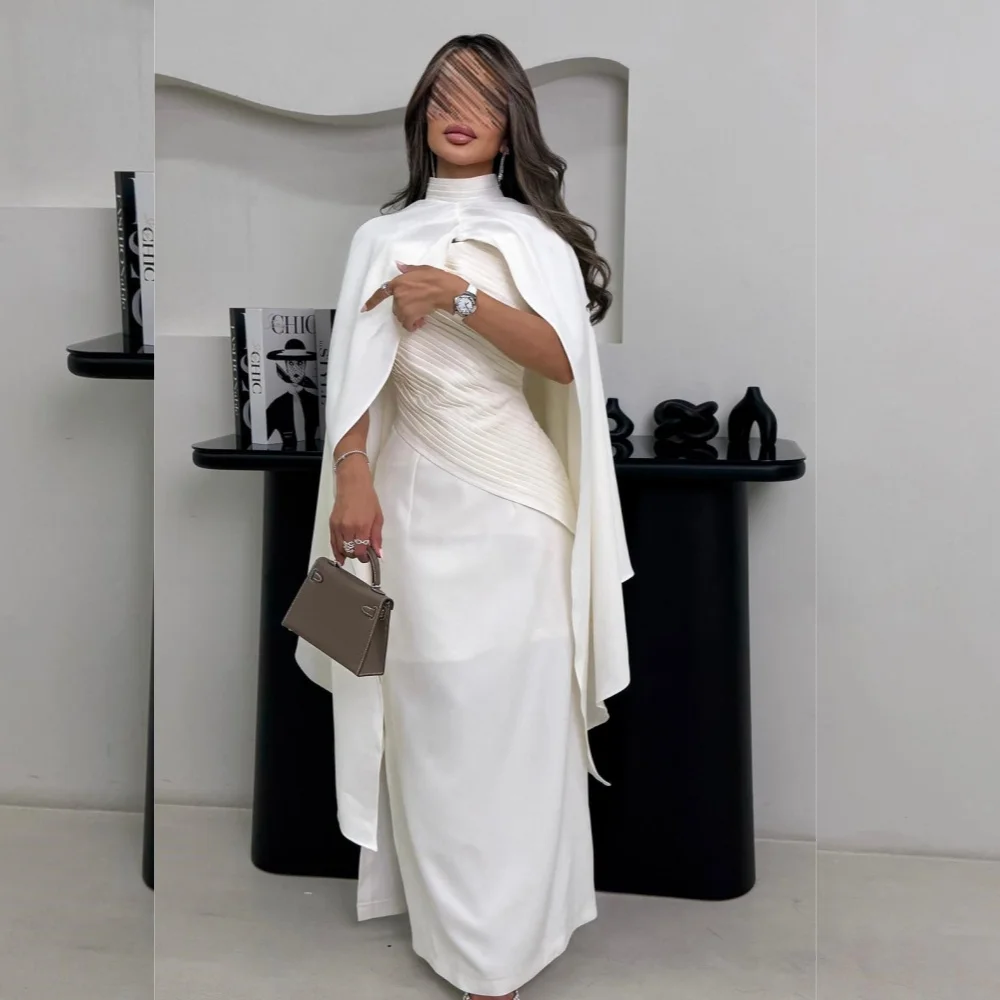 

Customized Exquisite Charmeuse Pleat A-line High Collar Midi DressesBespoke Occasion Classic High Quality